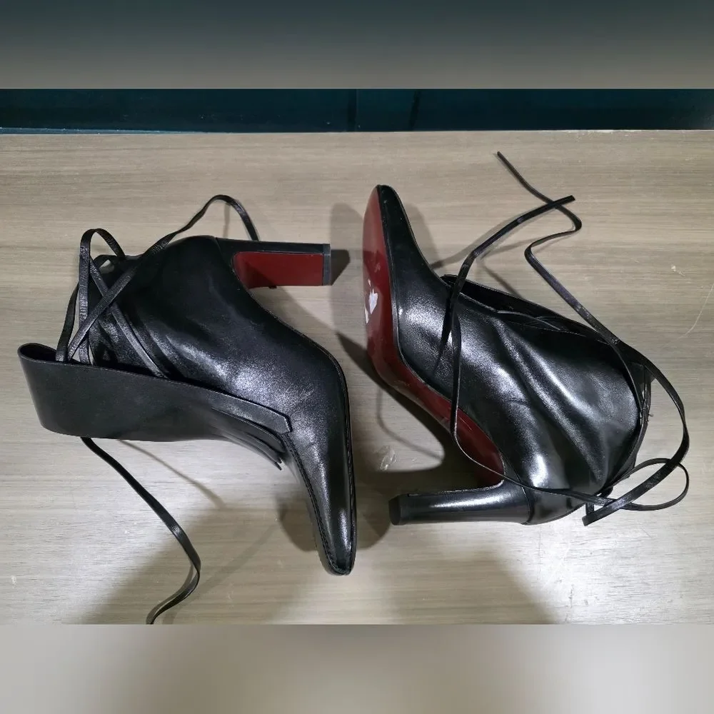 Black Leather Fringe Pilgrim Edwardian Blade Heel Ankle Bootie Sz 7B Made Italy